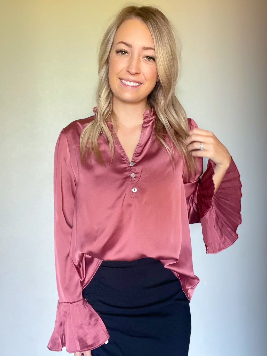 Mauve Satin Top w/ Ruffle Sleeve