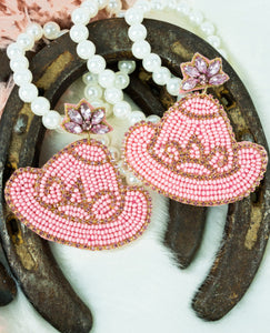 Pink Cowgirl Hat Beaded Earrings