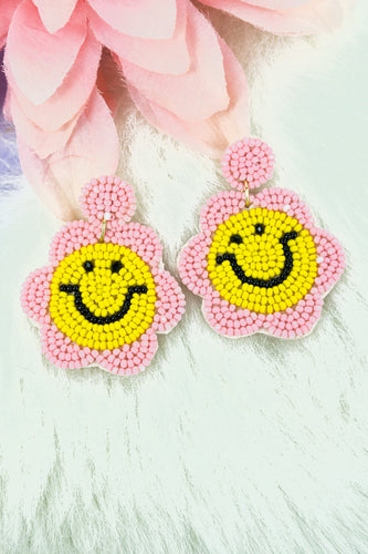 Pink Smiley Face Flower Beaded Earrings