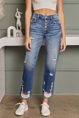 High Rise Button Fly Straight Fit Jeans