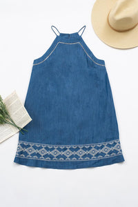 Denim Embroidered Halter Dress
