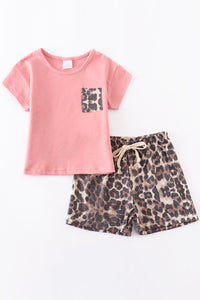 Kids Peach Leopard Short Set