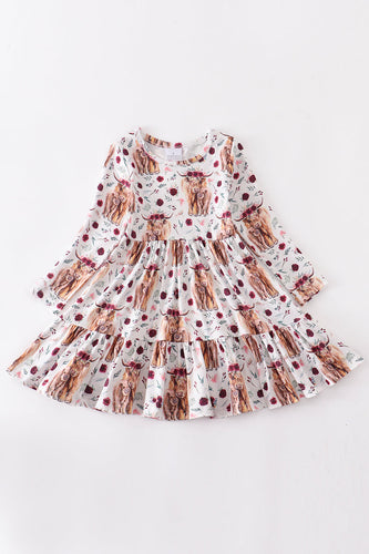 Kids Maroon Highland Cow Dress