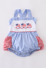 Load image into Gallery viewer, Blue &amp; Red Gingham Patriotic Romper