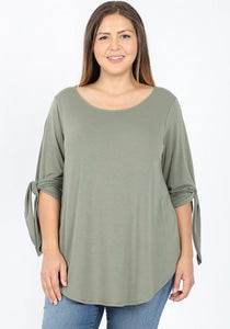 Plus Size Olive Top w/Tie Sleeve Detail