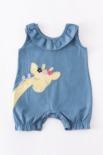 Denim Giraffe Ruffle Baby Romper