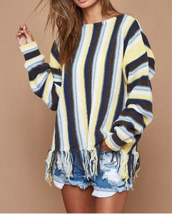 Blue Multi Stripe Fringe Sweater