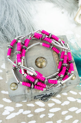 Pink & Siver Beaded 5-Piece Bracelet Set