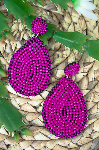 Magenta Beaded Teardrop Earrings